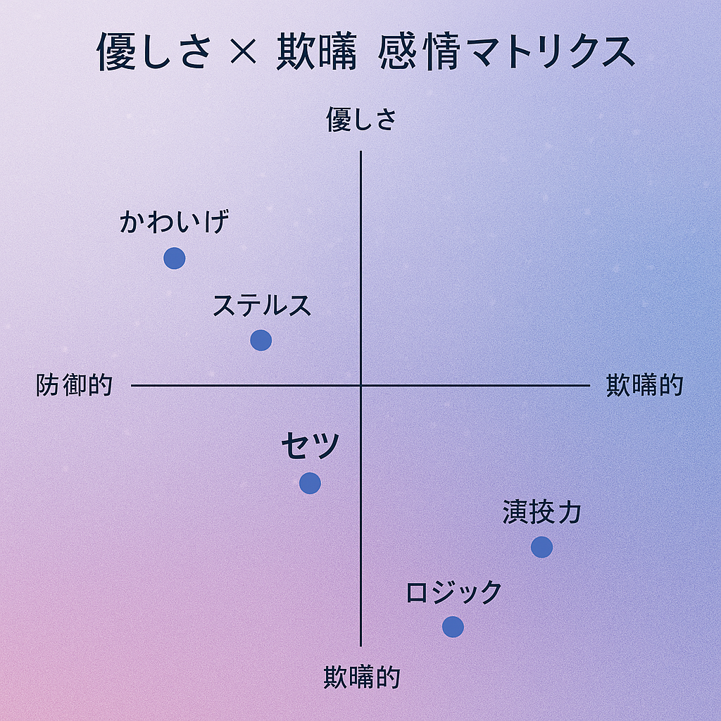 優しさ×欺瞞 感情マトリクス(『グノーシア』のステータス:かわいげ・ステルス・演技力・ロジック・カリスマ・直感の心理配置)