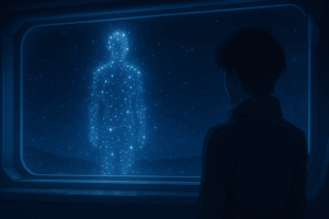 夜の空に浮かぶ宇宙船