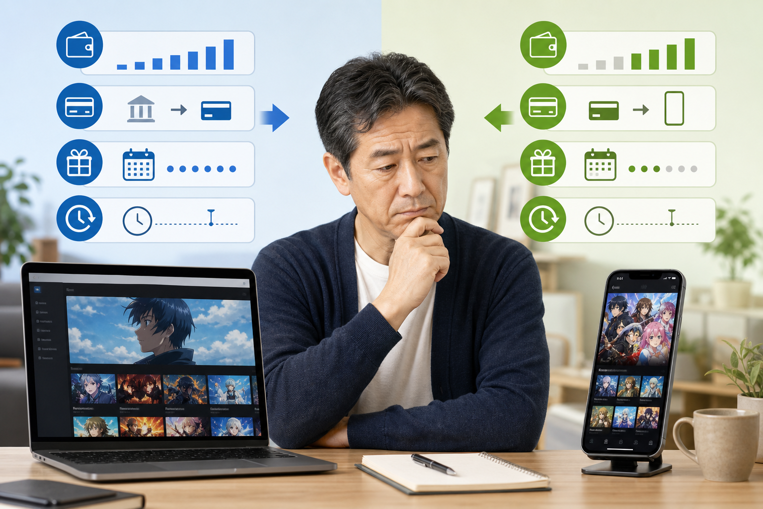 動画配信サービスのWeb契約とアプリ契約を比較する50代男性のAIイメージ
