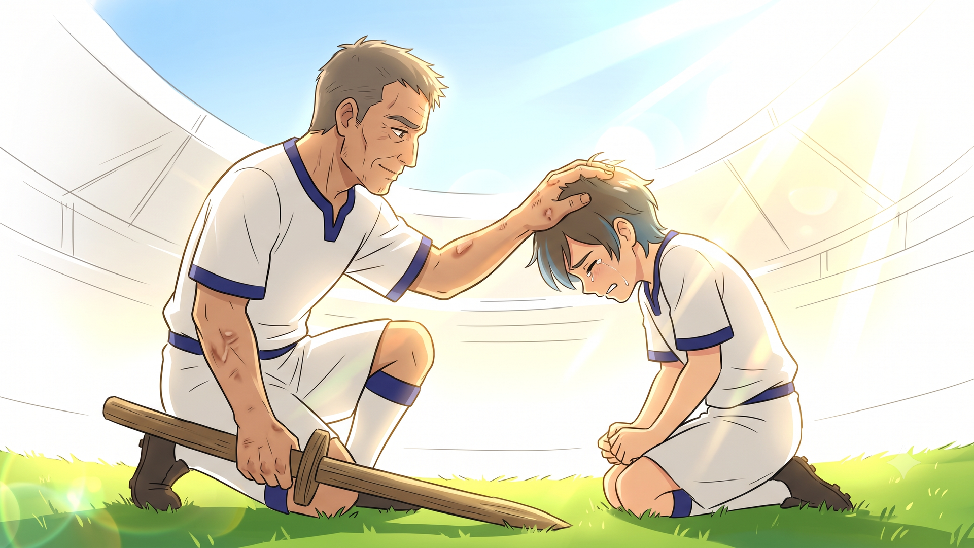 手合わせ後に語り合うモルデアとベリルを描いたAIイメージ