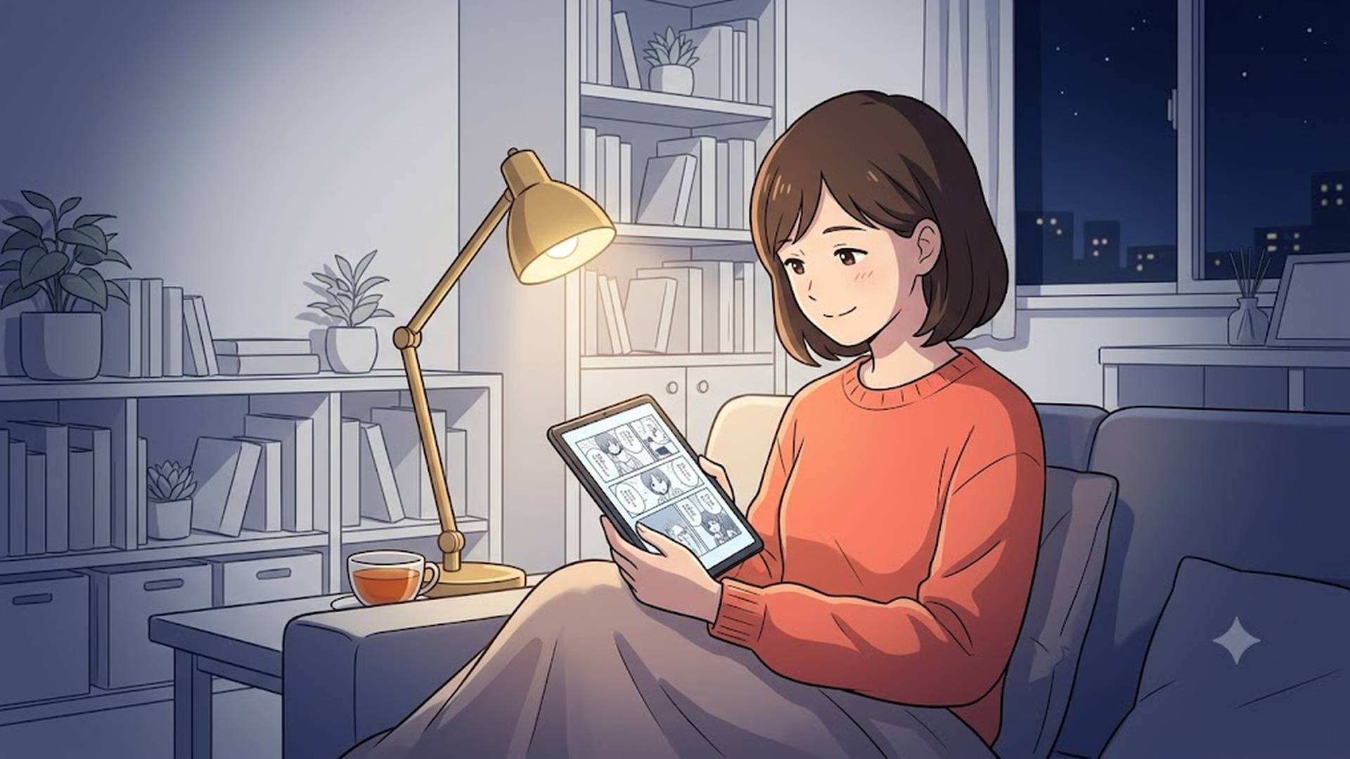 書店でファンタジー漫画の新刊を探す読者を描いたAIイメージ