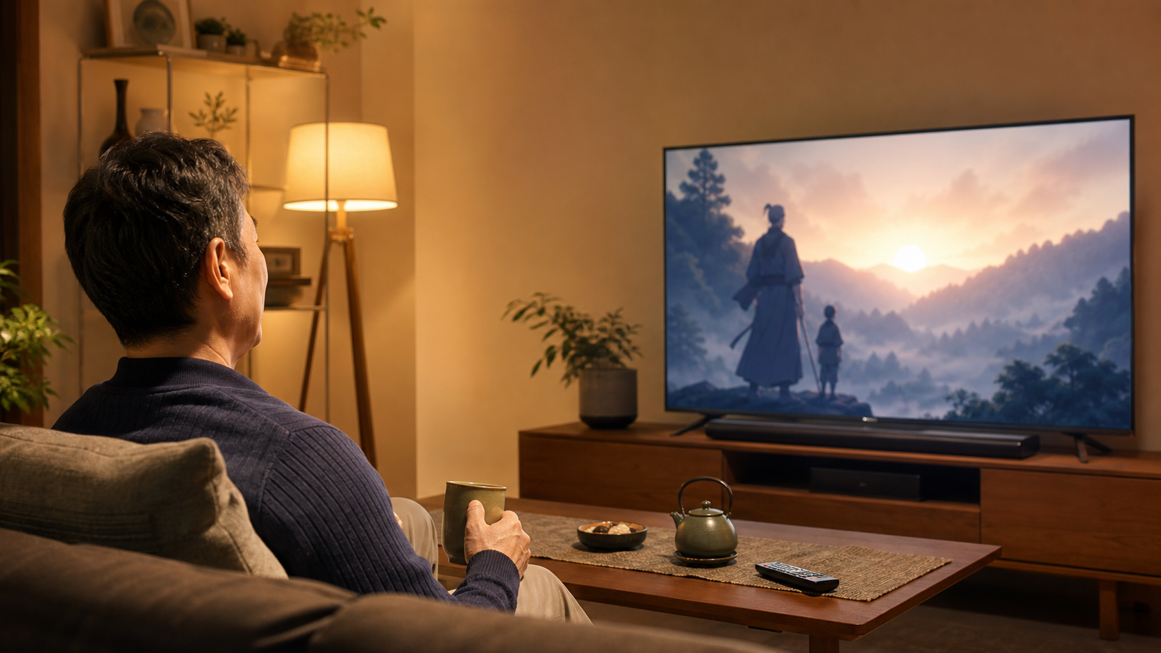 自宅のテレビでアニメを落ち着いて視聴する大人の視聴者のイメージ