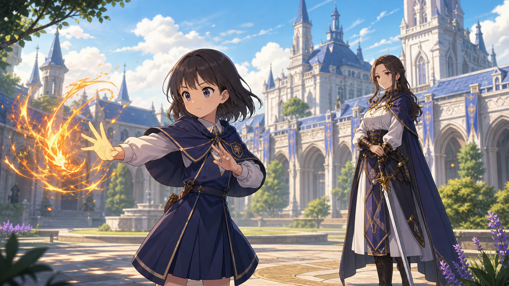 魔術師学院で炎の魔法を練習する少女のAIイメージ