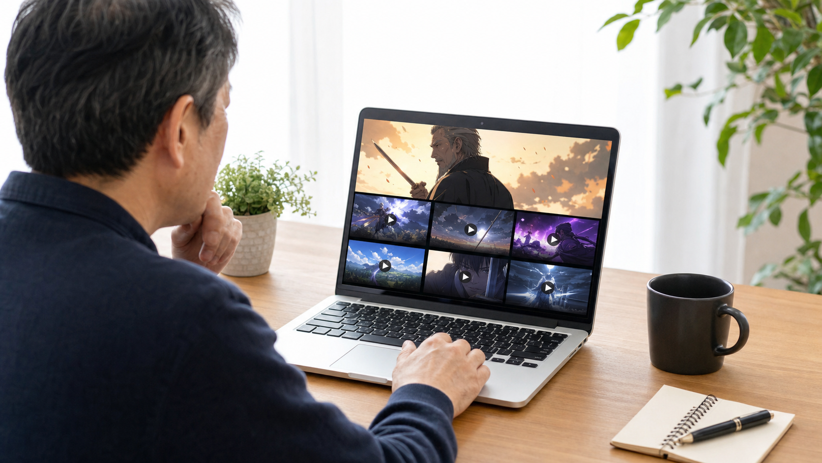 パソコンで公式アニメ動画を探す50代男性のAIイメージ