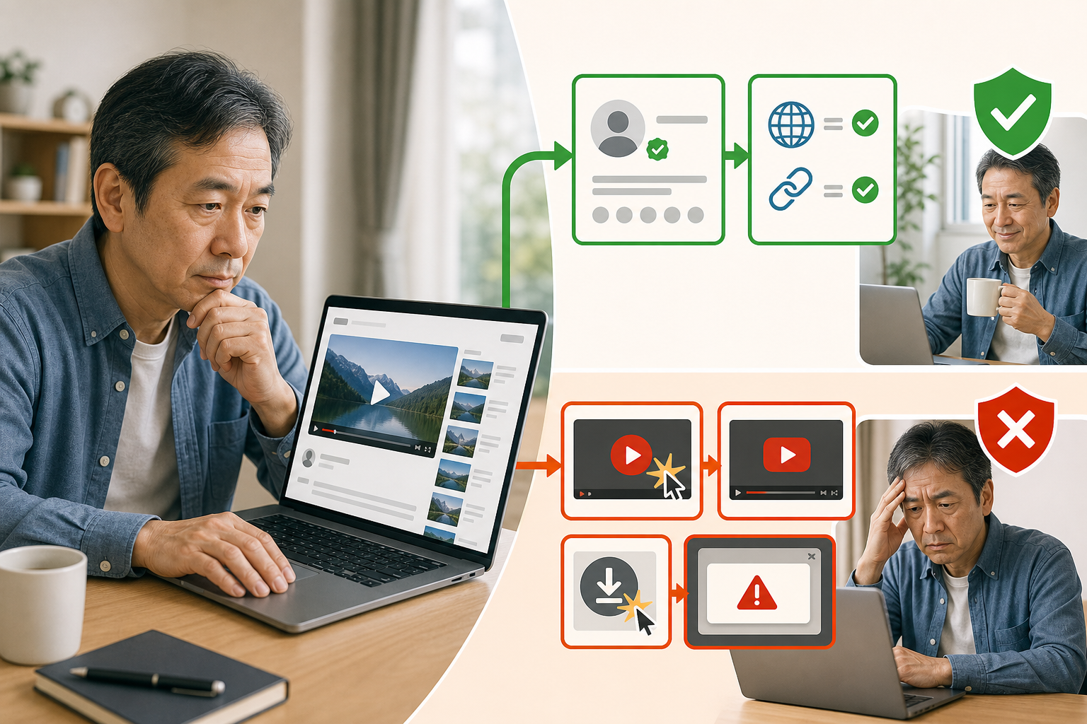 動画共有サイトで公式投稿と不審な誘導を見分ける50代男性のAIイメージ