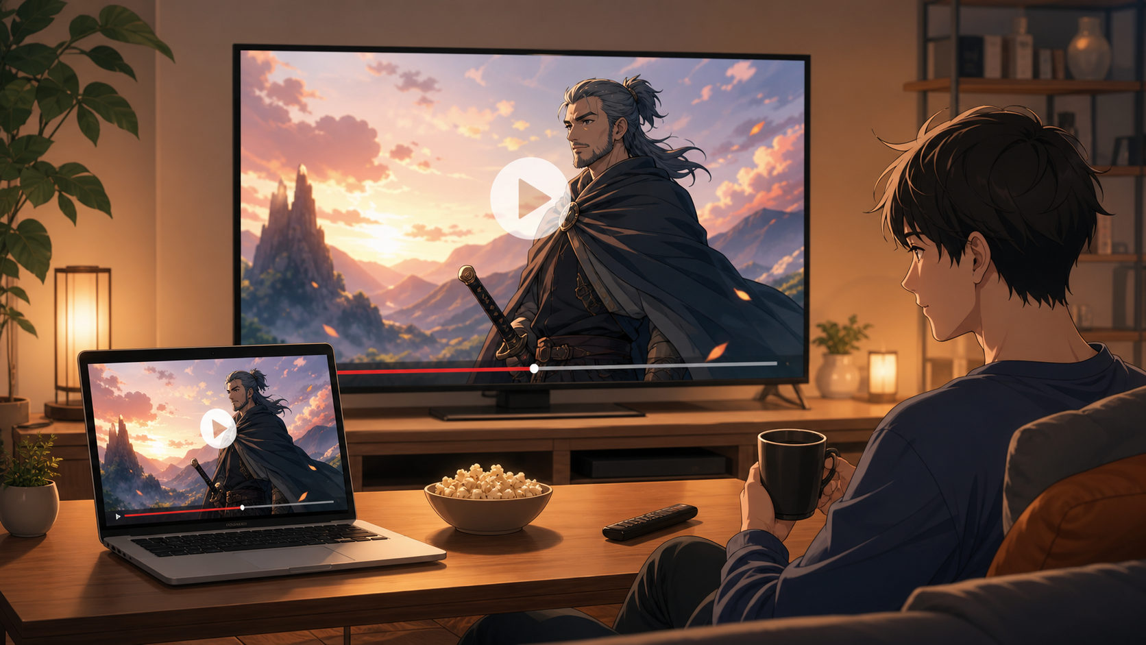 テレビとパソコンで配信作品を視聴するAIイメージ
