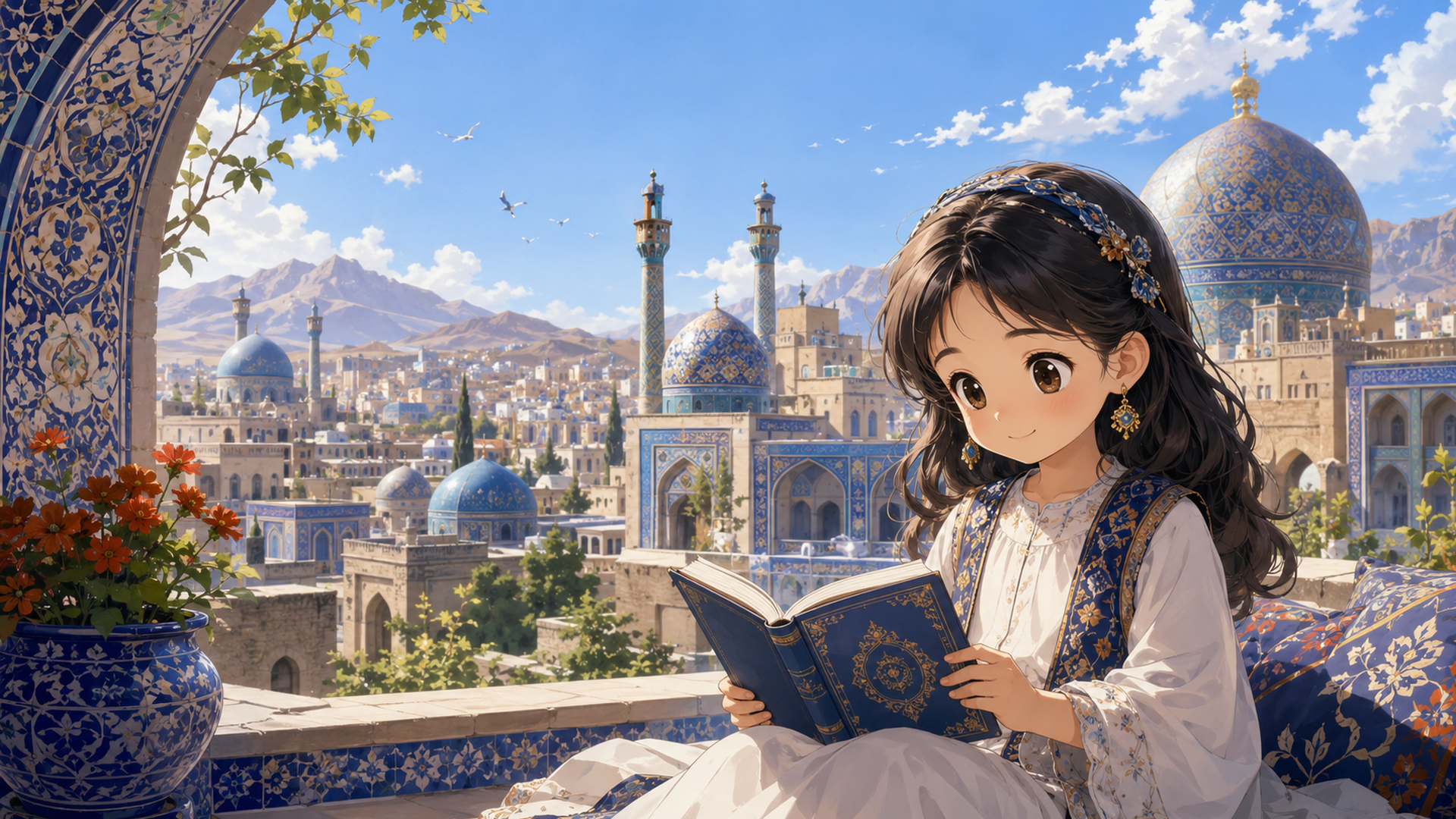 トゥースの街を思わせる風景の中で本を読む幼いシタラのイメージ