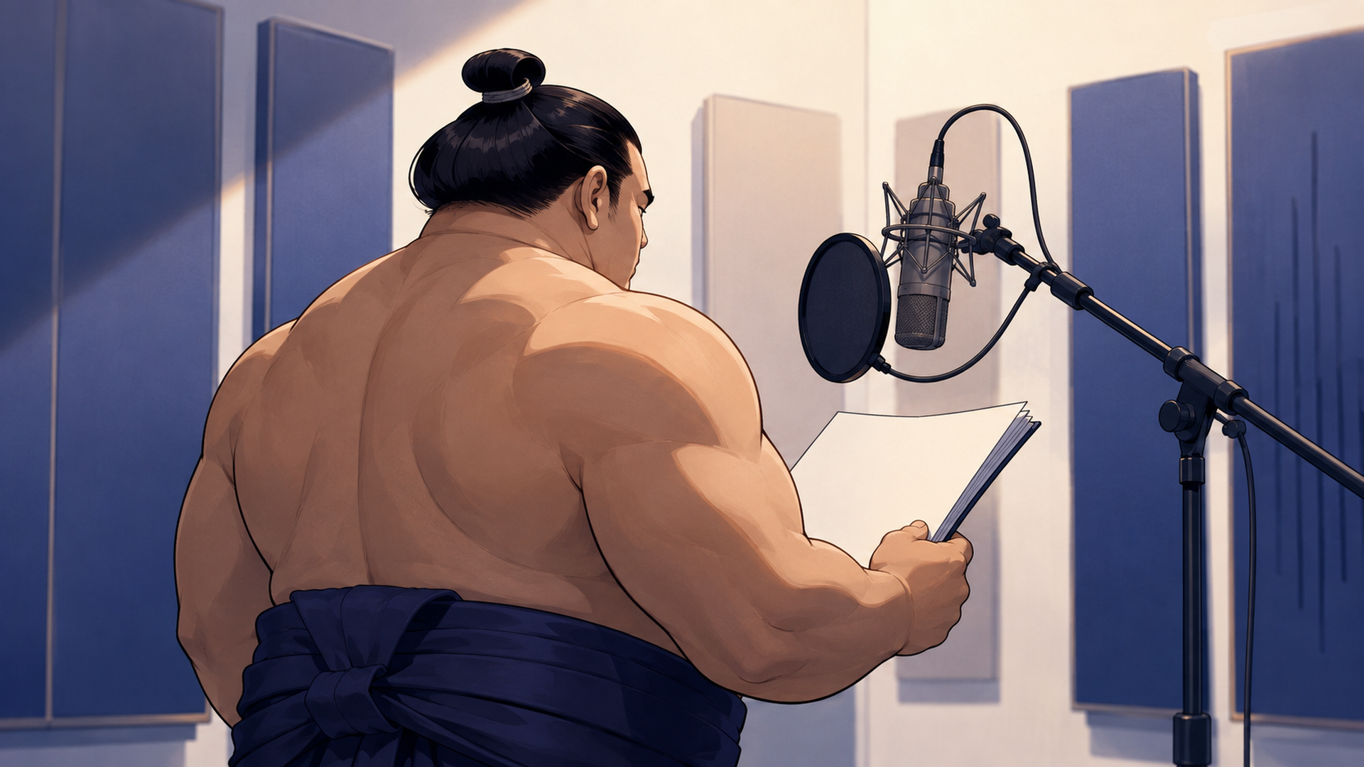 収録ブースでマイクに向かう力士を描いた補足イメージ