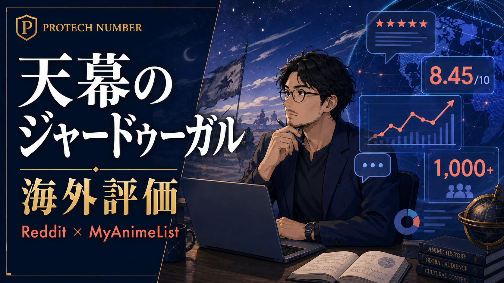 『天幕のジャードゥーガル』の作品名とReddit・MyAnimeList海外評価を大きく表示したプロテクナンバーロゴ入りアイキャッチ