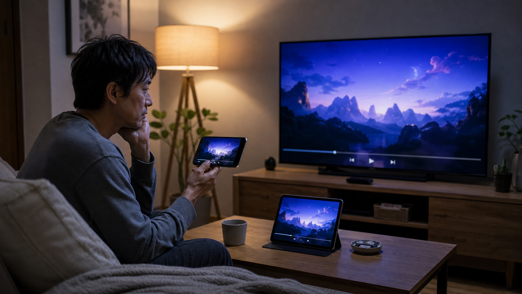 テレビとタブレットでアニメの正規配信先を比較する大人の視聴者のイメージ