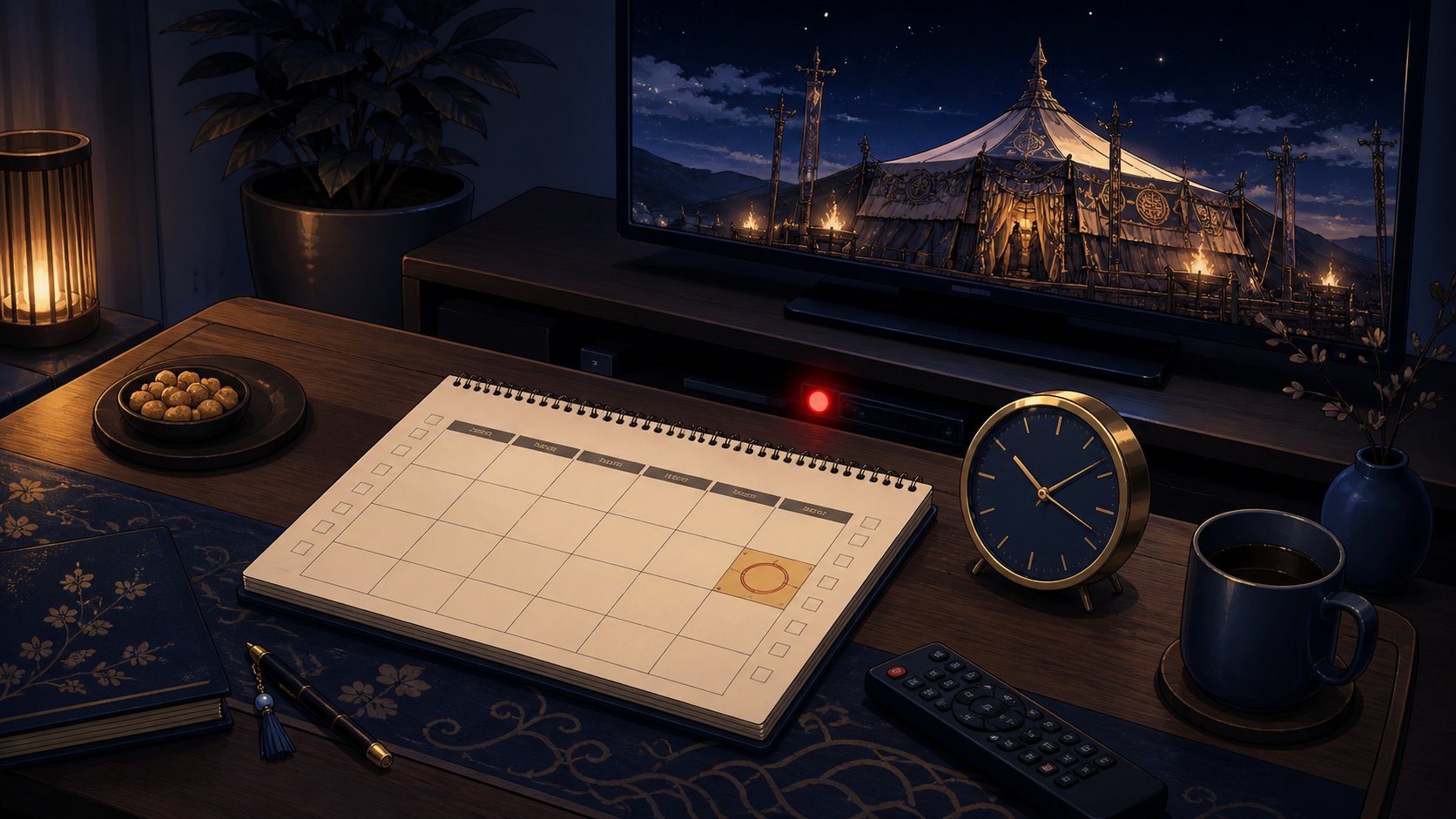 深夜アニメの録画予定を確認する時計と番組カレンダーのイメージ
