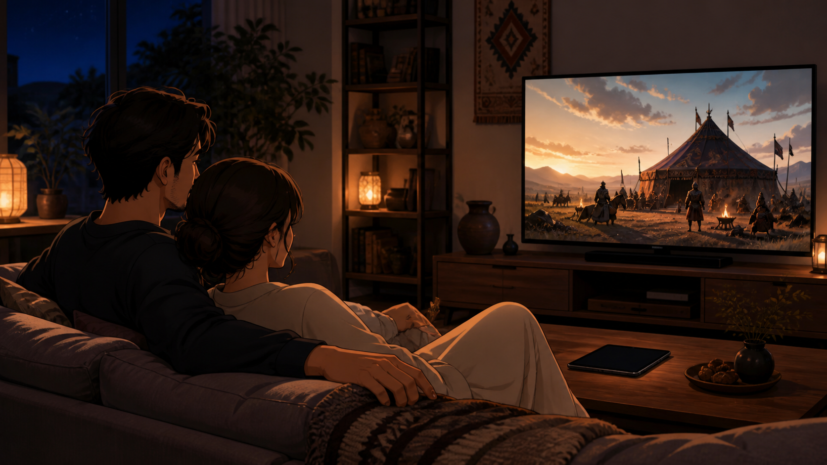 家族で歴史アニメをテレビ視聴する補足イメージ