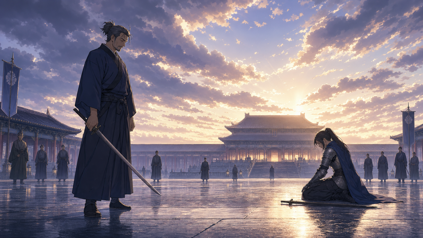 雨上がりの宮廷で師弟の決着と救いを表現した第1期12話最終回のイメージ