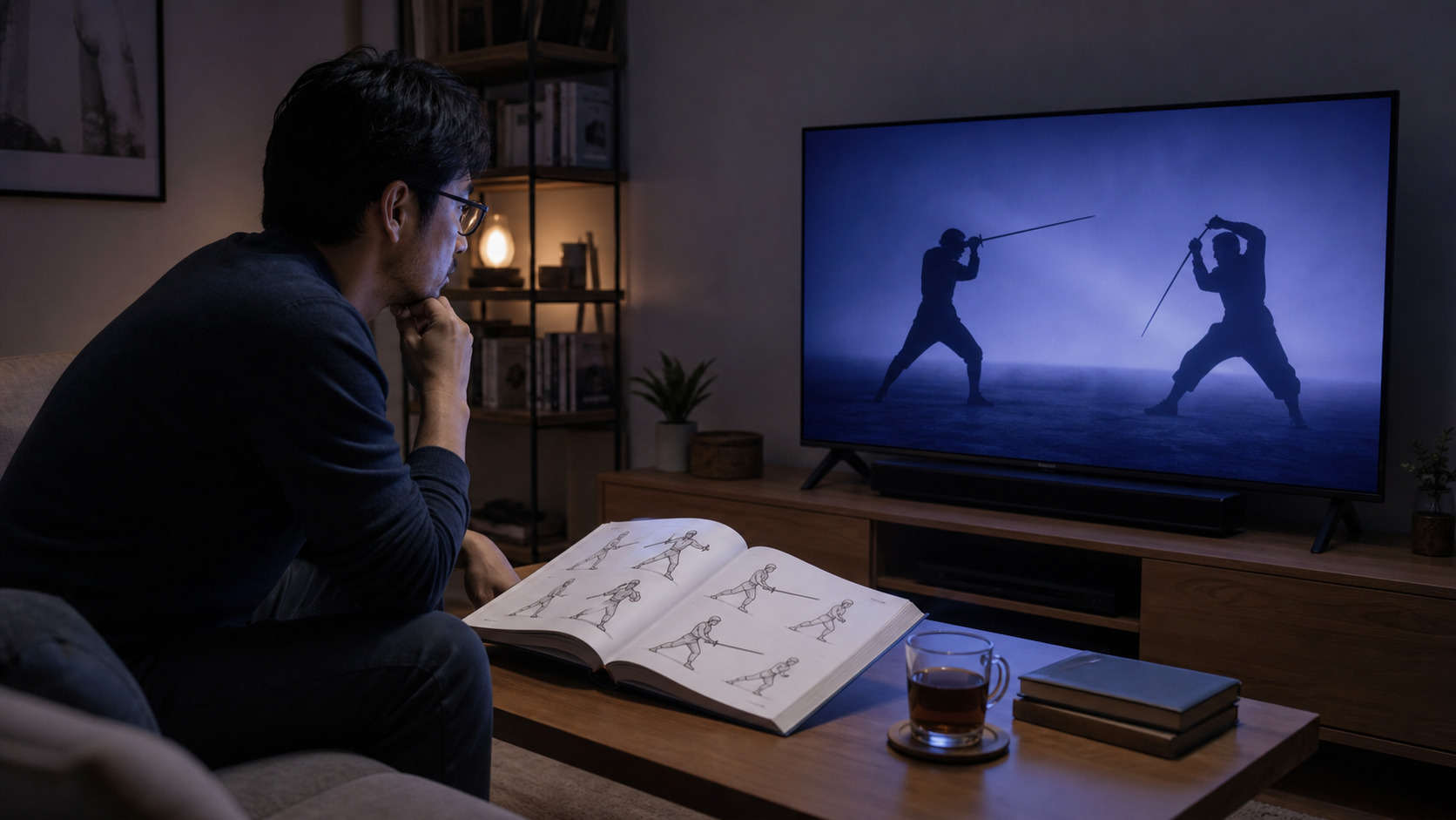 アニメの剣術表現と歴史的なフェンシング資料を見比べる大人の視聴者